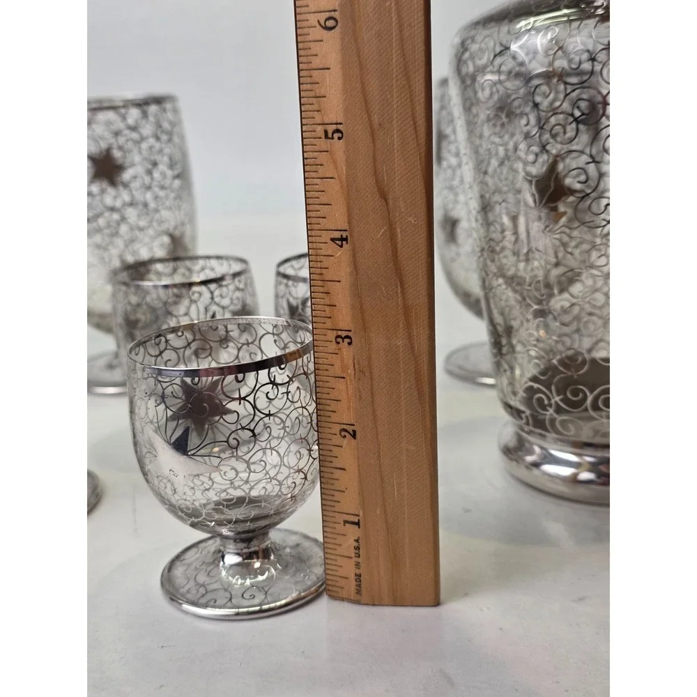 Vintage Saint Graal Silver Overlay Crystal Decanter & Glasses Cosmic Star France